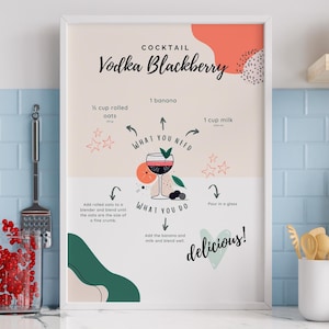 Ricetta del cocktail alla vodka e more, illustrazione del poster d'arte della cucina, download digitale del poster per la decorazione della casa