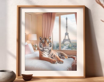 Parisian Paradise: A Tiger's Tale in a Paris Hotel Room. The iconic Eiffel Tower paints the backdrop for a magnificent tiger in a hotel room