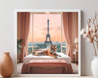 Regal Relaxation: A Tiger's Siesta with a View of the Eiffel Tower
