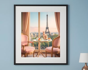 Luxury Overlooking Paris: Eiffel Tower and a Feline Companion. A cat in Paris