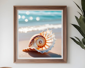 Boho Seashell Dreams, minimalist design featuring a shell floating amidst gentle sea waves