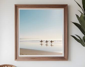 Surfers' Serenity. A tranquil moment as surfers stroll along the beach, their surfboards a symbol of adventure and connection with the ocean