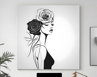 Elegance in Monochrome: Abstract Woman with Rose Artwork