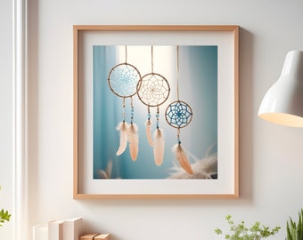 Dream Catcher, bohemian simplicity. Its subtle transparencies dance in soft blues and beige, offering a whimsical touch to any space