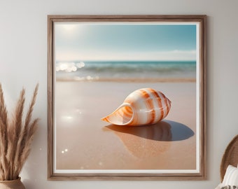 Coastal Reverie, The portrayal of a shell against a tranquil sea backdrop offers a meditative escape