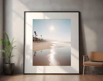 Coastal Dreamscape. An artistic portrayal of the beach in beautiful minimalism, with palms, sea and ocean adding a touch of boho charm