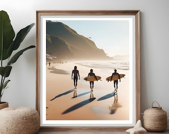 Surfers' Paradise Promenade. Surfers enjoy a serene walk along the shore, surfboards in hand, as the gentle waves kiss the sandy beach