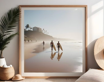 Surfers' Stroll. Surfers leisurely walking along the beach with their surfboards, basking in the sun's golden glow and the salty breeze.