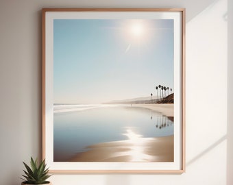 Ocean Whispers. A boho-inspired minimalist artwork featuring beach, palms and sand, capturing the essence of serenity and tranquility.
