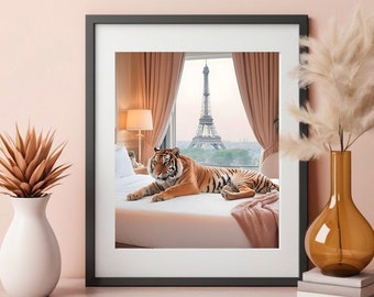 A Room with a Roar: Eiffel Tower Splendor with the presence of a magnificent tiger sharing your view