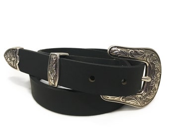 1" Black Western Buffalo Leather Handmade Rodeo Belt with Matching Metal Tip