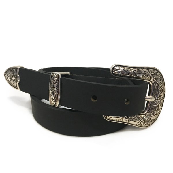 1" Black Western Buffalo Leather Handmade Rodeo Belt with Matching Metal Tip