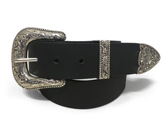 Black 1.5" Buffalo Leather Western Handmade Rodeo Belt with Matching Metal Tip