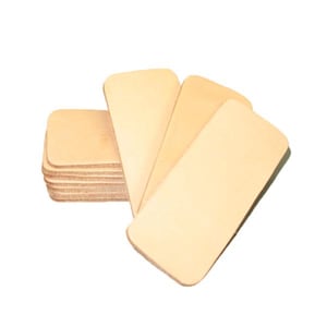 May include: A stack of rectangular, light tan leather pieces with rounded corners. Several pieces are fanned out, displaying the natural grain and color variations of the leather. The items are likely for crafting or DIY projects.