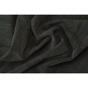 May include: Close-up of a dark gray fabric with a soft, velvety texture. The fabric is draped, creating folds and shadows that highlight its texture and color. The material appears to be a plush textile.