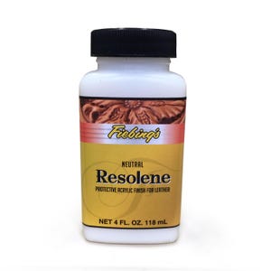 May include: A white bottle of Fiebing's Resolene, a protective acrylic finish for leather. The label features the brand name and product details, with a net content of 4 fl. oz. (118 mL). The bottle has a black cap.