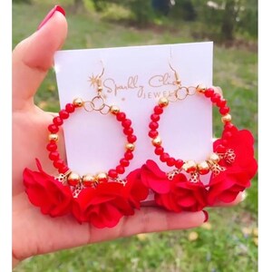 Red Flower Hoop Earrings, crystal earrings, red earrings, hoop earrings, wire-wrapped earrings, fashion earrings, flower earrings, gift
