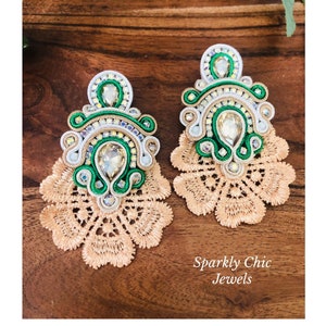 Beige and Green Lace Soutache Earrings, soutache Earrings, elegant earrings, vintage earrings, French earrings, lace earrings, gift for her