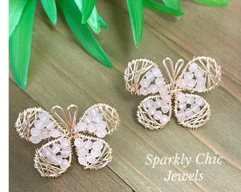Baby Pink Butterfly Earrings, wire-wrapped earrings, butterfly earrings, gift for her, spring jewelry, Pink butterfly  earrings