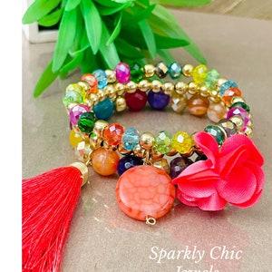 Pink Agate Bracelet Stack, agate bracelet, gold bracelet, tassel bracelets, semanario, colorful bracelet stack, gift for her,