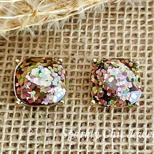 Rose Gold Glitter stud earrings, glitter earrings, sparkly earrings, crystal earrings, square stud earrings, new year earrings, gift