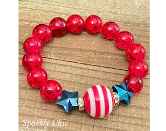 Red Stripe Bracelet for women, Star bracelet, American bracelet, USA bracelet, Memorial Day, 4th of july bracelet, gift for her