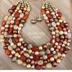 Fall Statement Necklace, gold necklace, Brown necklace, beaded necklace, multi-strand necklace, brown and beige necklace, gift for her