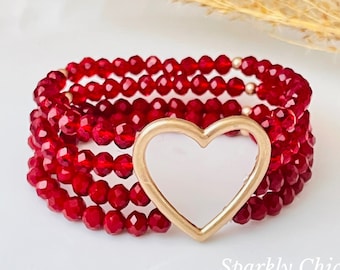 Bracciale a cuore aperto, braccialetto di cristallo rosso, braccialetto scintillante, braccialetto a cuore, regalo per lei, braccialetto di perline, braccialetti impilati