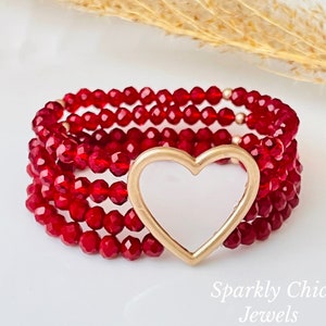 Offenes Herz Armband, rotes Kristallarmband, funkelndes Armband, Herzarmband, Geschenk für sie, Perlenarmband, Armbandstapel