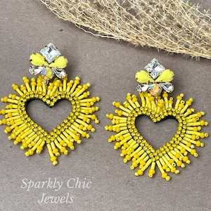 Yellow Heart Earrings, heart earrings, love earrings, sparkly earrings, dangle earrings, Valentine’s Day, gift for her, sparkly heart