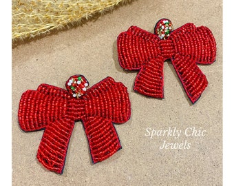 Red Bow Earrings, Christmas bow earrings, seed bead earrings, bow earrings, Christmas earrings, Gift for her