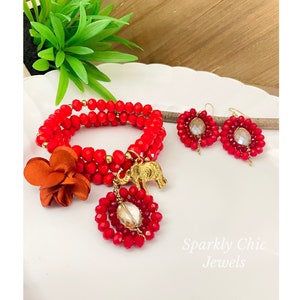 Red Bracelet Stack, red earrings, fin de semana, bracelet stack, red bracelets, flower bracelets, Crystal bracelets