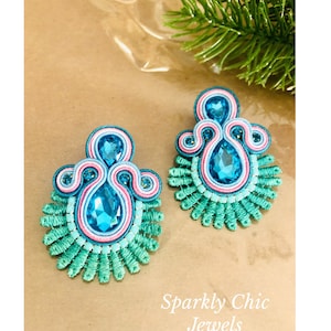 Aqua green Soutache Earrings, soutache Earrings, fashion earrings, maxi earrings, lace earrings, sparkly earrings, rhinestone earrings, gift