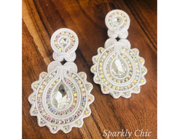 White Soutache Earrings, soutache Earrings, sparkly earrings, fashion earrings, rhinestone earrings, gift for her, long earrings