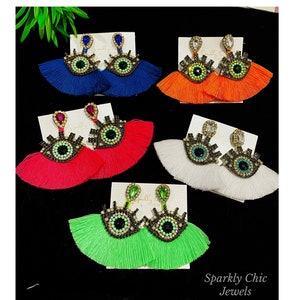 Evil Eye Tassel Earrings, Protection Jewelry, Tassel Earrings, Statement Jewelry, evil eye earrings, rhinestone earrings, maxi earrings,