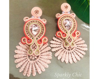 Pink Soutache Earrings Chandelier Earrings Crystal Earrings Lace Earrings Luxury Earrings Gift for Mom