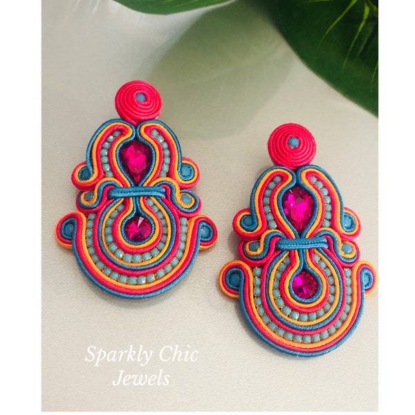 Fuchsia Soutache Ohrringe, Soutache Ohrringe, Mode Ohrringe, Statement Ohrringe, Maxi Ohrringe, bunte Ohrringe, Vintage Ohrringe