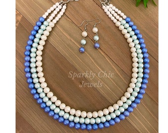 Blue and White Necklace, Statement Necklace, Jewelry, Beaded Necklace, ocean necklace, Multi Strand, blue ombre necklace, classy necklace