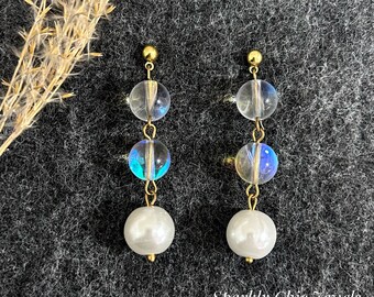 Aura Crystal Pearl Earrings, aura crystal earrings, wedding earrings, bridesmaid earrings, pearl earrings, long pearl earrings, gift for her