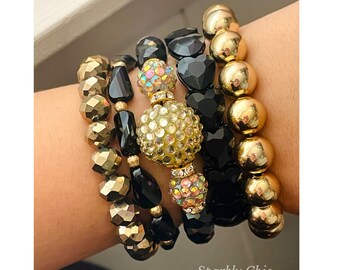 Bracelet en cristal noir et or, bracelet coeur, pile de bracelets, bracelet en cristal, bracelet scintillant, bracelet d'amour