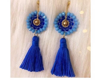 Blue Crystal Tassel Earrings, Bridesmaid Jewelry, Wedding Jewelry, Tassel Earrings, Statement Jewelry