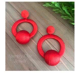 Red Threadball Round Drop Earrings, Red Earrings, Round earrings, fashion earrings, Christmas earrings, earrings