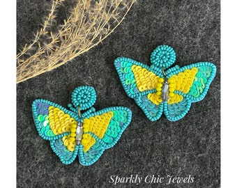 Aqua Butterfly Earrings, fashion earrings, seed bead earrings, butterfly earrings, aqua earrings, gift for her