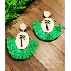 Palm Tree Tassel Earrings, Tassel Earrings, palm tree earrings, leaf earrings, green earrings, fashion earrings, bohemian