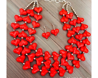 Red Puffy Heart Necklace, Red necklace, Valentine necklace, Multi strand necklace, beaded necklace, fashion necklace, necklace for women,