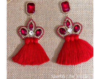 Red Crown Tassel Earrings, rhinestone tassel earrings, rhinestone crown earrings, queen earrings, maxi earrings, sparkly earrings,