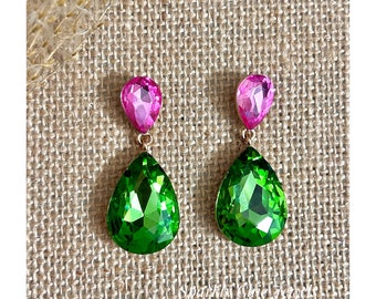 Pink and Green Teardrop Earrings, Pink and green earrings, dangle Earrings, teardrop earrings, rhinestone earrings, gift for her