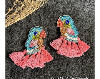 Pink Parrot Earring, rhinestone Earrings, bird Earrings, Sparkly earrings, macaw earrings, gift for her, parrot earrings