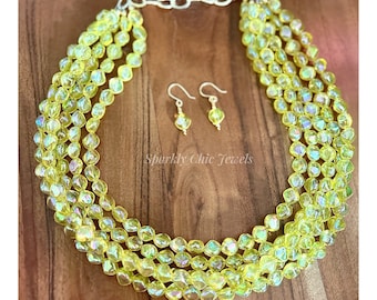 Yellow Clear Necklace, yellow necklace, statement necklace, lemon necklace, gift for her, necklace for women, multistrand necklace