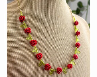 Red Rose Necklace, Handmade Floral Jewelry, Romantic Flower Necklace, Vintage Inspired Rose Jewelry, Gift for Her